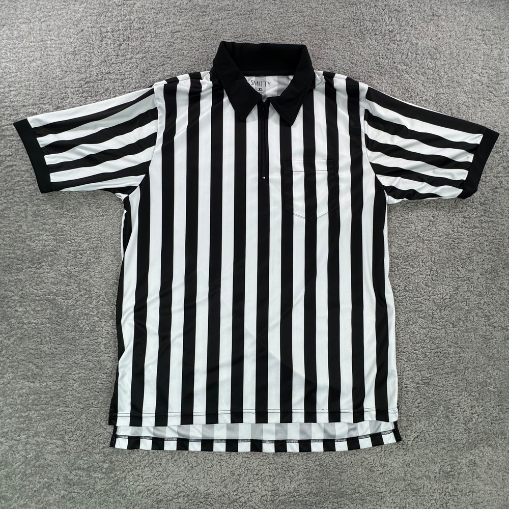 Smitty Mens XL Referee Shirt Black White Striped 1/4 Zip Umpire Official Polo